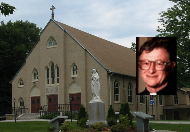 Composite image featuring a photograph of Monsignor Louis Dunn overlaid on a photo of St. Thomas Church in Providence, RI.