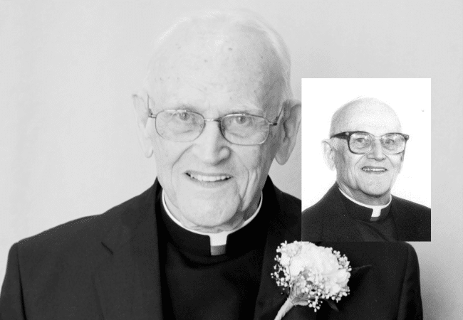 Composite image featuring two portrait photographs of Monsignor Michael W. Dziob.