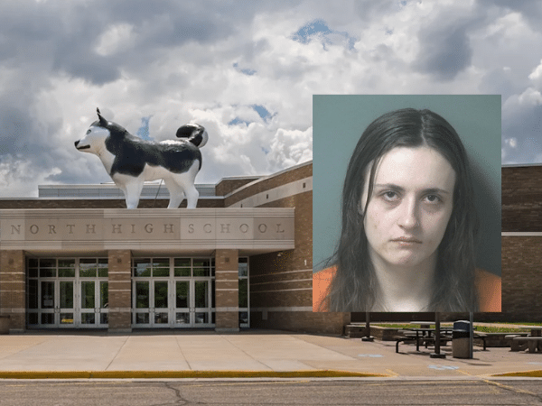 North High School in Eau Claire, Wisconsin, with an inset mugshot of former special education teacher Nadia Horn, who faces felony charges involving the alleged sexual assaults of students.