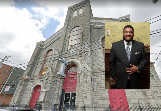 Exterior view of Second Pilgrim Baptist Church in Philadelphia with an inset photograph of former senior pastor Isaiah Banks, who was arrested in a child sexual exploitation investigation in 2026.