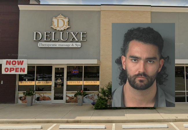 Composite image showing the exterior of Deluxe Therapeutic Massage & Spa in Magnolia, Texas, alongside the booking photo of Bradley Orton, who has been charged with indecent assault following allegations that he sexually assaulted a client during a massage.