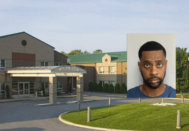 Composite image showing the exterior of McAuley Residence, alongside the booking photo of certified nurse aide Isiah Favors, who has been charged with allegedly sexually assaulting a nursing home resident suffering from dementia.