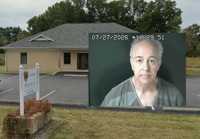 Composite image featuring a booking photograph of Dr. Ali Ghasemzadeh taken following his arrest on charges of rape, sexual battery, and gross sexual imposition, with the exterior of AG Cardiology in Georgetown, Ohio, shown in the background.
