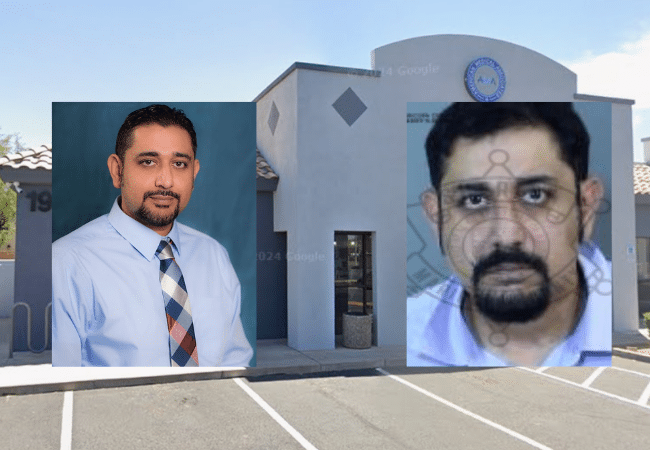 Photos of Dr. Hassan Khan, overlaid on the exterior of American Medical Associates in Chandler, Arizona, following his arrest on a sexual assault and sexual abuse charge.