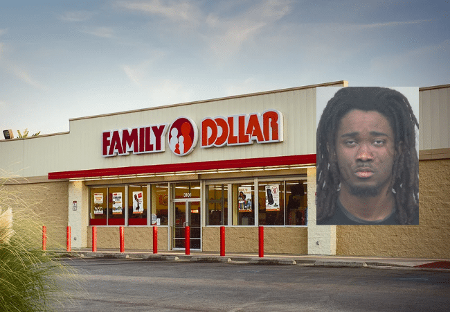 Composite image showing a Family Dollar store exterior and a booking photo of Jarron Parker, who was charged after police alleged he used a cellphone to record underneath a customer's dress at a Gwinnett County, Georgia, store.