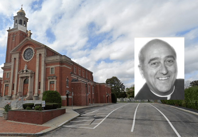 St. Mary Church in Cranston, Rhode Island, with an inset portrait of former Diocese of Providence priest Father Alfred Lonardo.