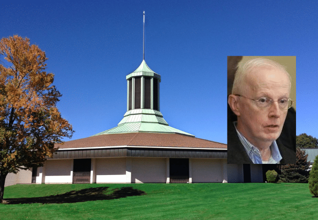 Composite image of St. Timothy Church in Warwick, Rhode Island, with a portrait of Father Barry Meehan overlaid in the foreground.