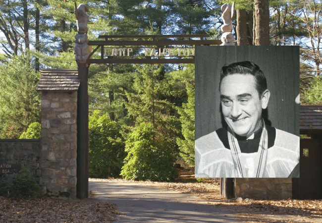 Composite image of a Camp Yawgoog cabin in Hopkinton, Rhode Island, with a portrait of Father Edmond Micarelli overlaid in the foreground.