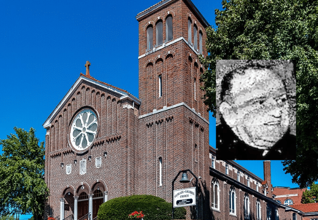 Composite image of Our Lady of Lourdes Church in Providence, Rhode Island, with a black-and-white portrait of Father Joseph McCra overlaid in the foreground.