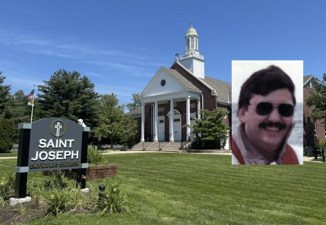 St. Joseph Catholic Church in Woonsocket, Rhode Island, alongside a portrait of former priest Michael V. LaMountain.