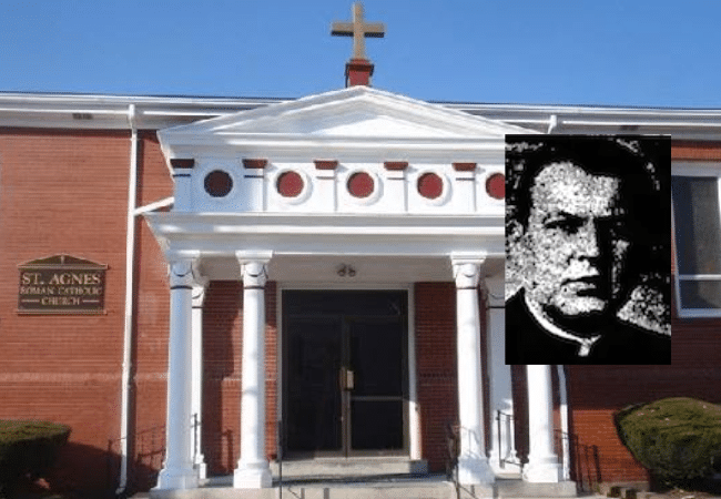 St. Agnes Roman Catholic Church in Providence, Rhode Island, with an inset portrait of former Diocese of Providence priest Father Norman Leboeuf, who was accused of sexually abusing a teenage altar server.