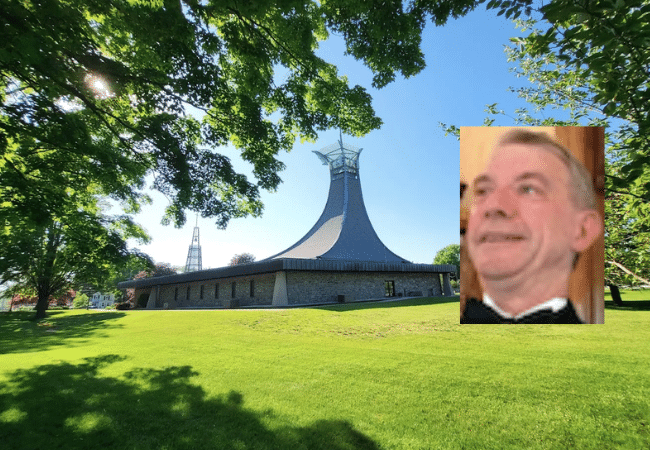 St. Jude Catholic Church in Lincoln, Rhode Island, with an inset portrait of former Diocese of Providence priest Father Paul Henry Leech, who pleaded no contest to felony child sexual abuse charges.