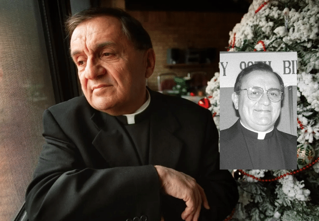 Composite image of Father Philip Magaldi wearing a black clerical suit and Roman collar while looking out a window, with a black-and-white archival portrait of him inset on the right. The image accompanies an article about sexual abuse allegations against Magaldi, who was identified in the Rhode Island Attorney General's 2026 Report and on the Diocese of Providence and Diocese of Fort Worth lists of clergy credibly accused of sexually abusing minors.