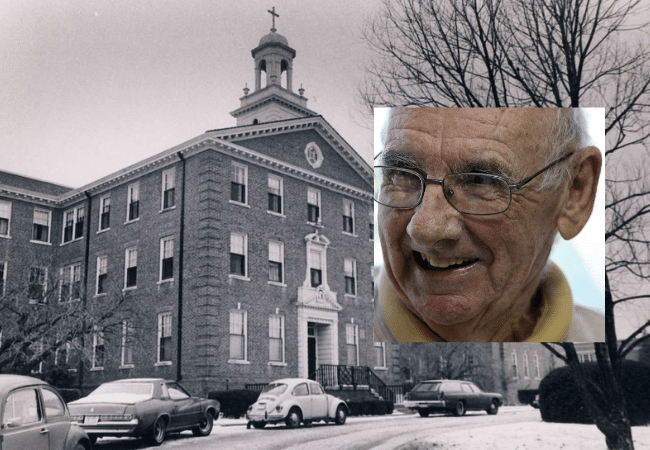Composite image featuring a historic black-and-white photograph of St. Aloysius Home in Smithfield, Rhode Island, with an inset portrait of former Diocese of Providence priest Father Robert McIntyre.
