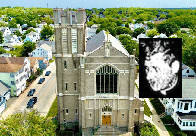 Composite image of St. Mary Church in Bristol, Rhode Island, with a portrait of Father William O'Connell overlaid in the foreground.
