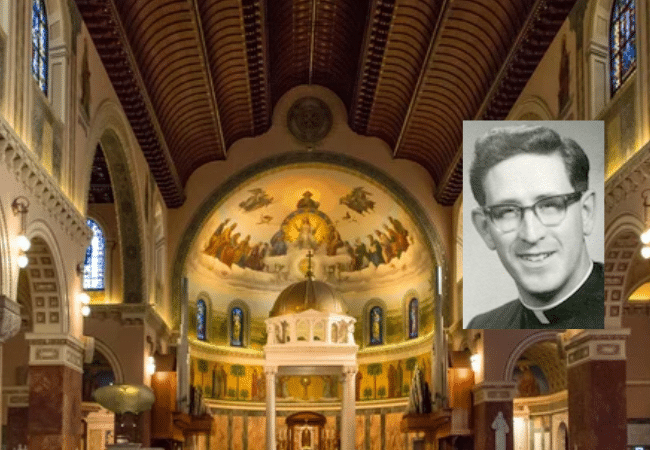 Blessed sacrament Parish, Providence, RI, overlaid with a photo of Father William O'Neill