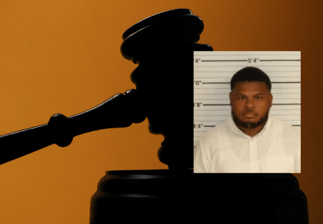 Silhouette of a judge's gavel with an inset booking photo of former Winchester Elementary School teacher Kenneth Clay Jr., who was convicted of sexually abusing two students and is named in a federal lawsuit alleging that school officials failed to protect two children from sexual abuse.