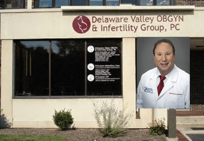 Composite image showing the exterior of Delaware Valley OBGYN & Infertility Group, P.C., alongside a professional headshot of former OB-GYN Dr. Bruce Pierce in a white medical coat and red tie. The image accompanies news of a lawsuit filed on behalf of 31 women alleging sexual assault during medical examinations.