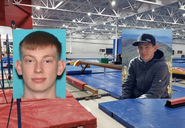 Composite image showing the interior of a gymnastics training facility, Go For It USA, alongside a photo of former gymnastics coach Michael Sullivan Nestor, who has been charged in a criminal case involving alleged offenses against two minor children.