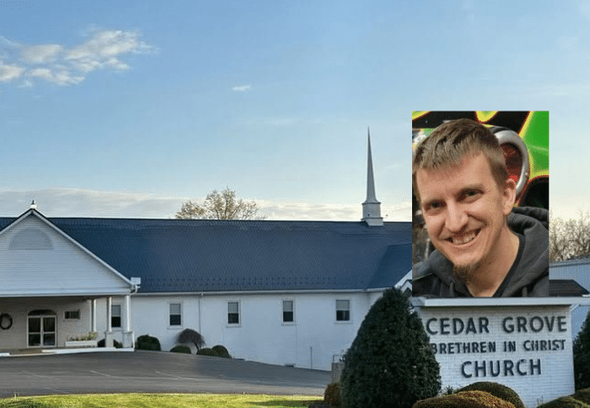 Composite image of Cedar Grove Brethren in Christ Church in Pennsylvania, with an inset photo of Brian Timothy Wagner, who was convicted in 2026 on multiple charges relating to child sex abuse.