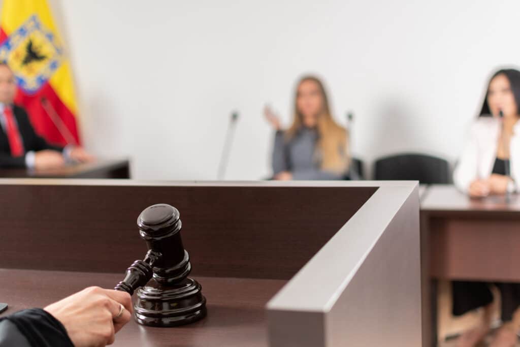 Closeup blurred view of woman in court room talking to judge