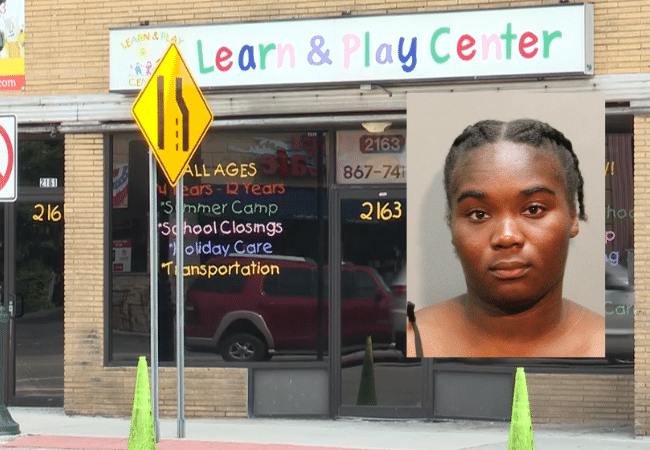Exterior of Learn & Play Center in Baldwin, New York, with an inset booking photo of former aide Asia Oliver.