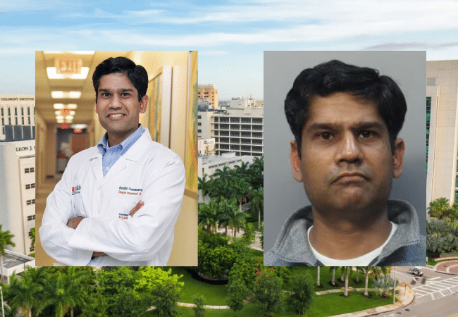 Dr. Ranjith Ramasamy pictured alongside his mugshot, with the University of Miami medical campus in the background.