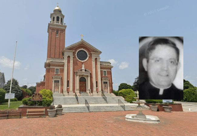 Composite image of St. Mary Church in Cranston, Rhode Island, with a portrait of Father Alfred Santagata overlaid in the foreground.