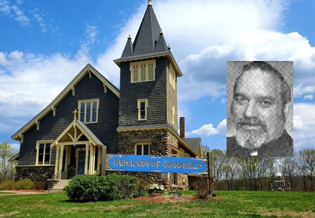 t: Composite image of Our Lady of Good Help Church in Burrillville, Rhode Island, with a portrait of Father Armand Ventre overlaid in the foreground.
