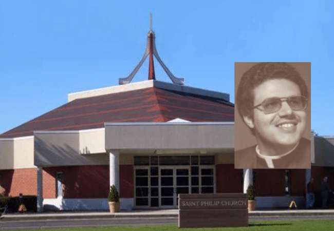 Composite image of St. Philip’s Church in Smithfield, Rhode Island, with a portrait of Father Francis Santilli overlaid in the foreground.