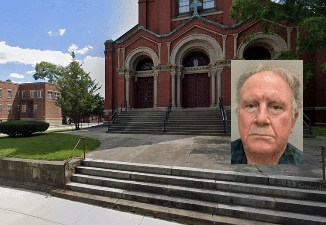 Composite image of Holy Family Church in Woonsocket, Rhode Island, with a photo of Father John Petrocelli overlaid in the foreground.
