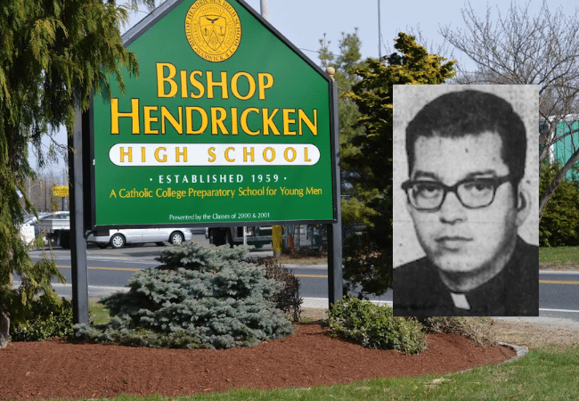 Composite image of Bishop Hendricken High School in Warwick, Rhode Island, with a portrait of Father Joseph Rocha overlaid in the foreground.