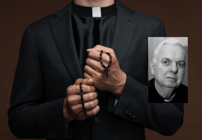 Composite image of a person wearing a black clerical shirt with a white Roman collar and dark suit, holding a black rosary with a crucifix in both hands with a portrait of Father Paul F. Reynolds overlaid in the foreground.