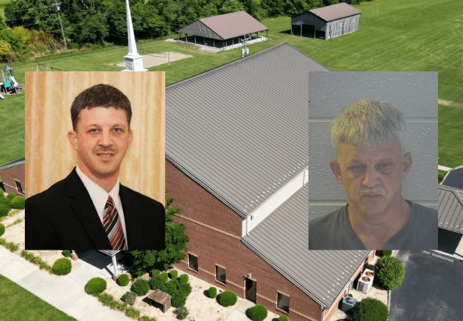 Composite image of Green River Pentecostal Church in Hustonville, Kentucky, with photos of Jason Coulter, a longtime youth pastor charged with child sex crimes.