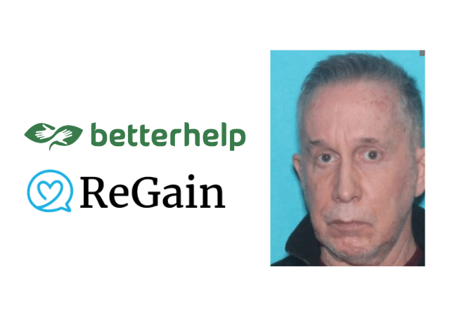 BetterHelp and Regain logos beside a photo of counselor Brian P. Daly, who is named as a defendant in a lawsuit alleging sexual harassment during a teletherapy session.