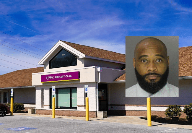 Composite image showing the exterior of a UPMC Primary Care medical office with an inset booking photo of former medical assistant Eric Alphonso Tarter Jr.