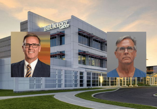 Composite image showing The Urology Group's Norwood Surgery Center with a professional headshot of Dr. Michael Rousseau on the left and a booking photo of Rousseau on the right.