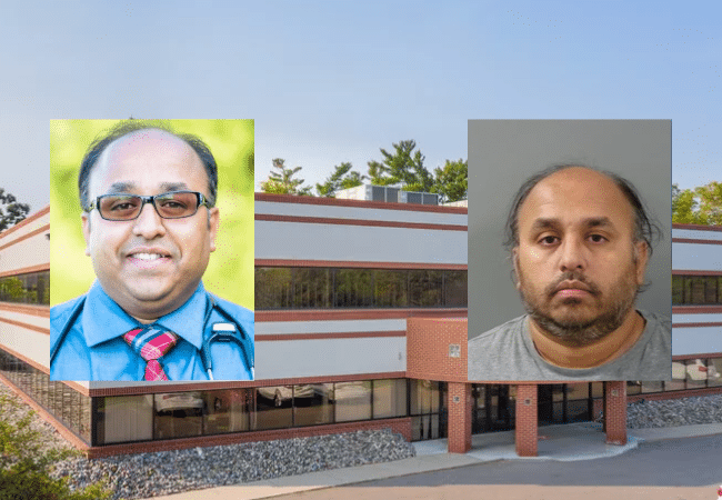 Two photos of Dr. Arpit Saxena pictured over an exterior view of a Michigan State University Health Care facility.