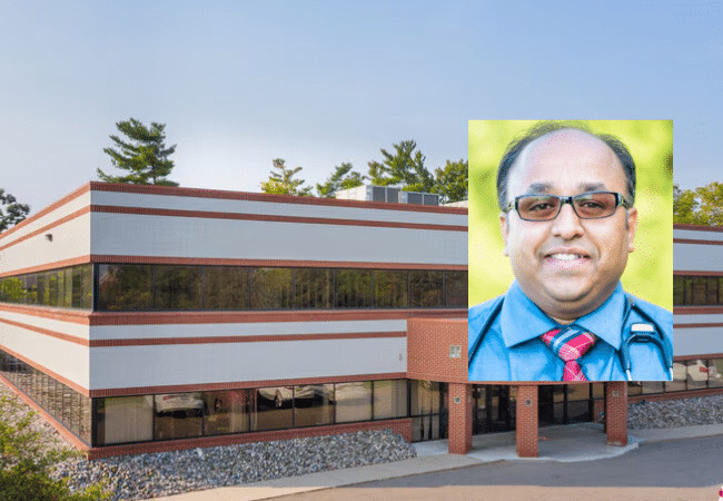 : Dr. Arpit Saxena pictured over an exterior view of a Michigan State University Health Care facility.