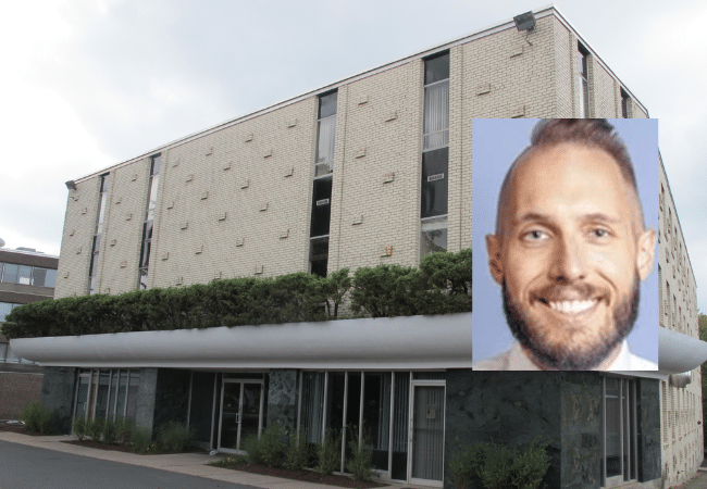 Exterior of an office building with an inset headshot of Dr. Douglas Zelisko.