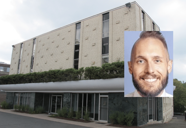Exterior of an office building with an inset headshot of Dr. Douglas Zelisko.