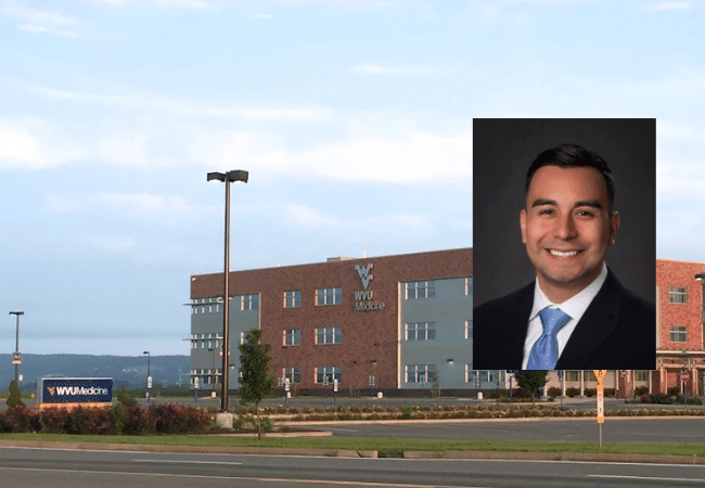 WVU Medicine Orthopaedics in Morgantown, West Virginia, with an inset photo of Dr. John Jacob Pisquiy.