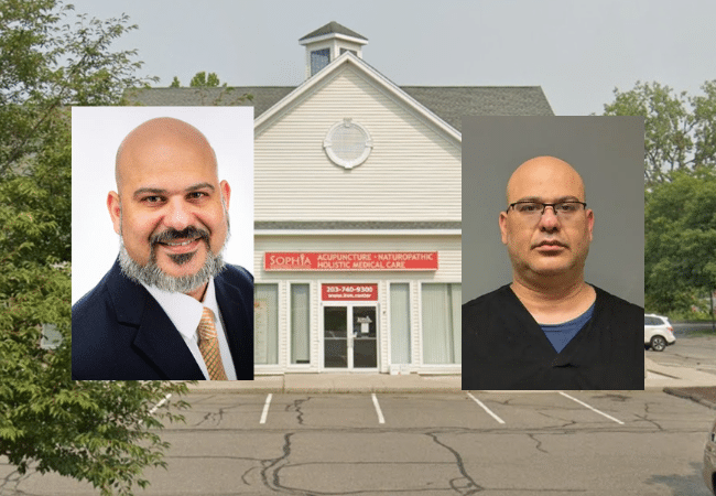 Portrait of Dr. Jose Mahfoud pictured alongside his booking photo in front of Sophia Natural Health Center in Brookfield, Connecticut.