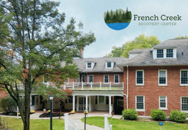 Exterior of French Creek Recovery Center in Meadville, Pennsylvania, with the facility’s logo displayed above the building.