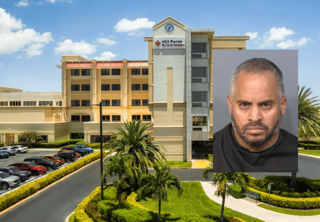 Alt text: HCA Florida St. Lucie Hospital in Port St. Lucie with an inset mugshot of MRI technician Gabriel Cruz, who faces a sexual battery charge involving a patient.