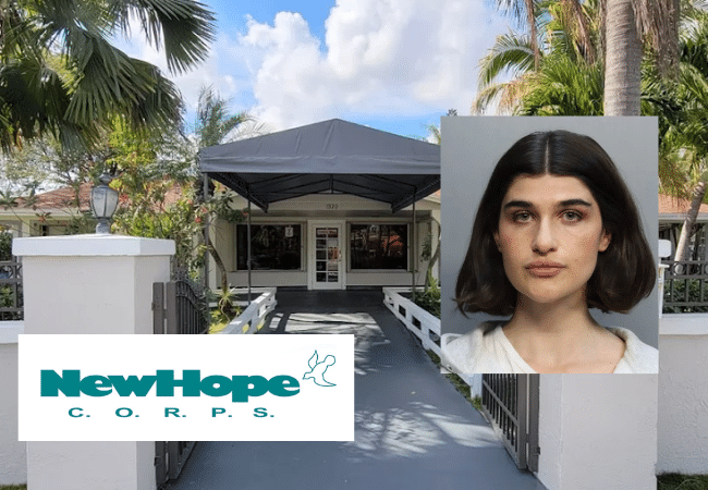 New Hope C.O.R.P.S facility in South Florida with the New Hope logo and a booking photo of Michelle Luchau-Rebora, a therapist intern accused of sexual misconduct with a patient.