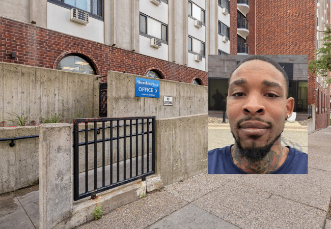 Exterior of Shoreline Plaza apartment building in Minneapolis alongside a photo of Carlton Neal Johnson II, the gunman in the September 2026 mass shooting.