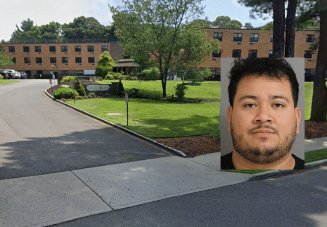 Exterior of Surge Rehabilitation and Nursing in Middle Island, New York, with an inset mugshot of Kevin Lopez-Diaz.