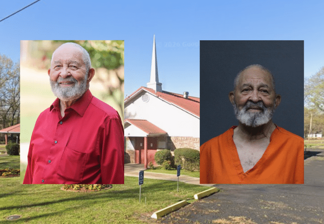 Composite image showing longtime Oak Street Baptist Church pastor Louie B. George alongside his booking photo, with Oak Street Baptist Church in Texarkana, Texas, in the background.