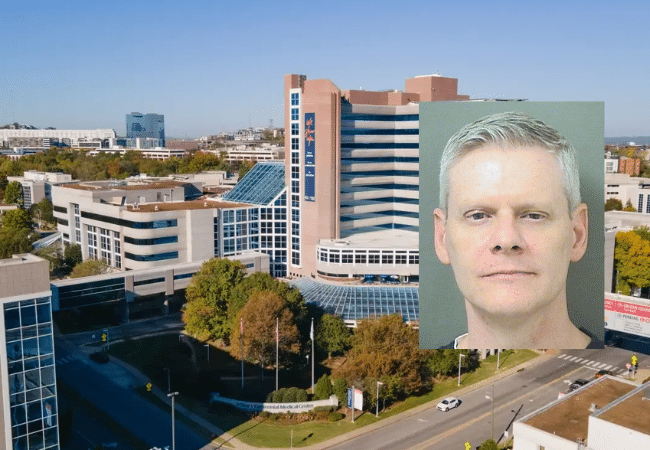Alt text: TriStar Centennial Medical Center in Nashville with an inset photo of former social worker Robert Bailey, who faces rape and sexual battery charges.